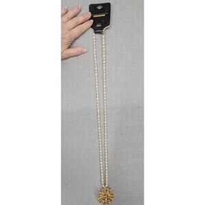 Vintage Faux Seed Pearl Gold Colored Pendant Necklace BACCo Estate